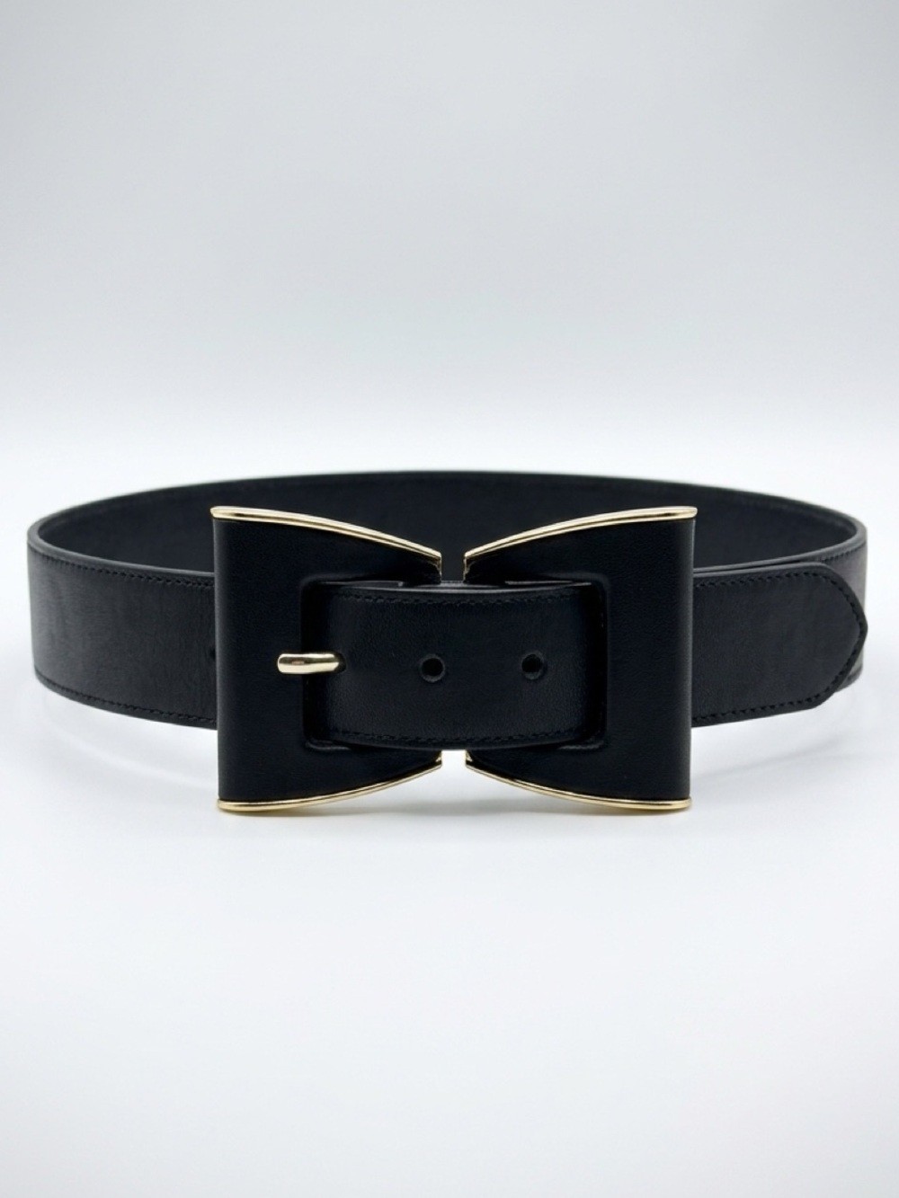 Oscar de la Renta Leather&Fabric 1.25” Belt, bow shaped buckle, black/gold, 26”